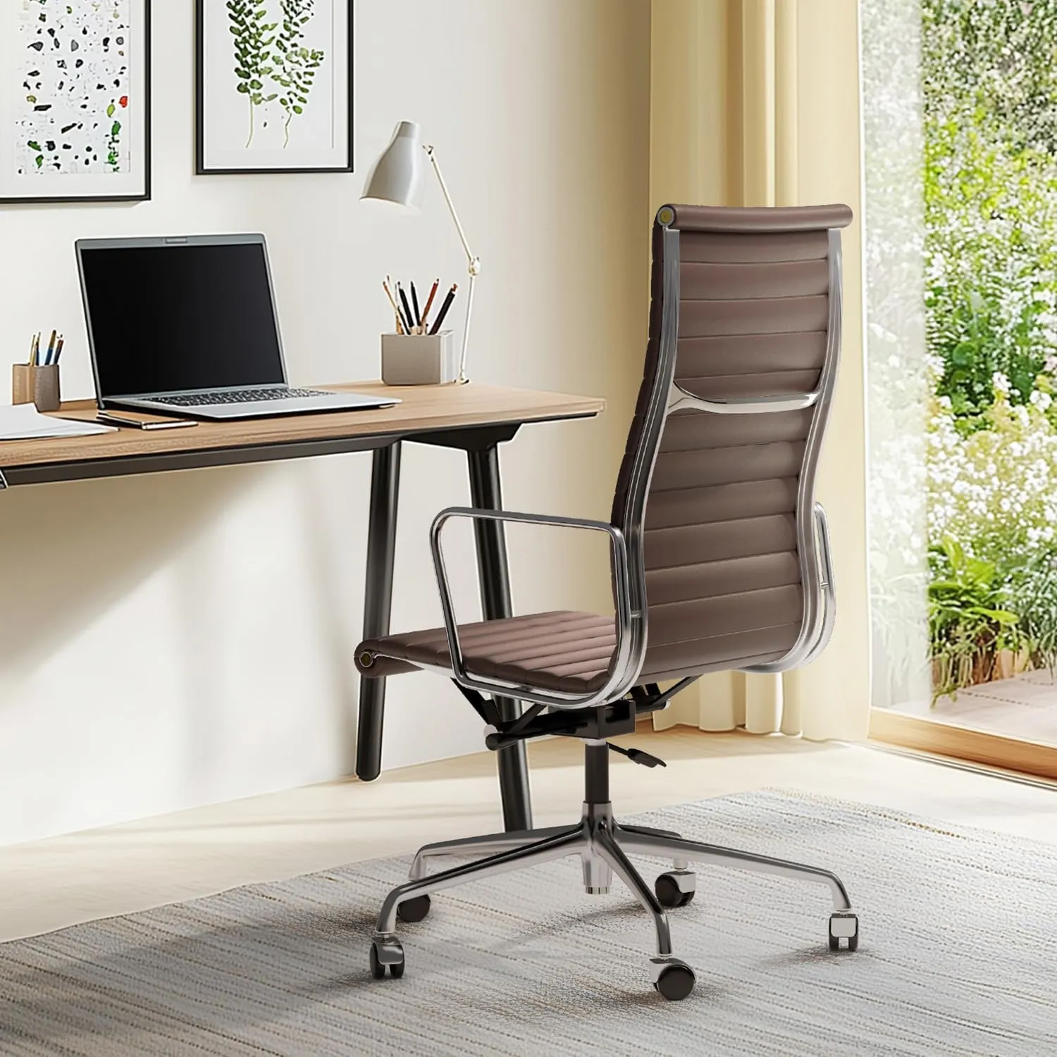 Ribbed Office Chair Top Grain Leather Desk Chair High Back Genuine Leather Swivel Chairs with Aluminum Alloy Arms & Base, with Silent Nylon Wheels, High Adjustable and Tilting Function, Brown