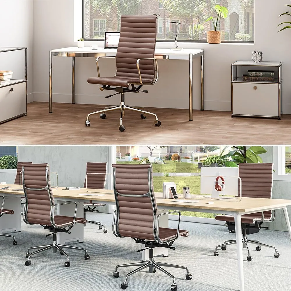 Ribbed Office Chair Top Grain Leather Desk Chair High Back Genuine Leather Swivel Chairs with Aluminum Alloy Arms & Base, with Silent Nylon Wheels, High Adjustable and Tilting Function, Brown