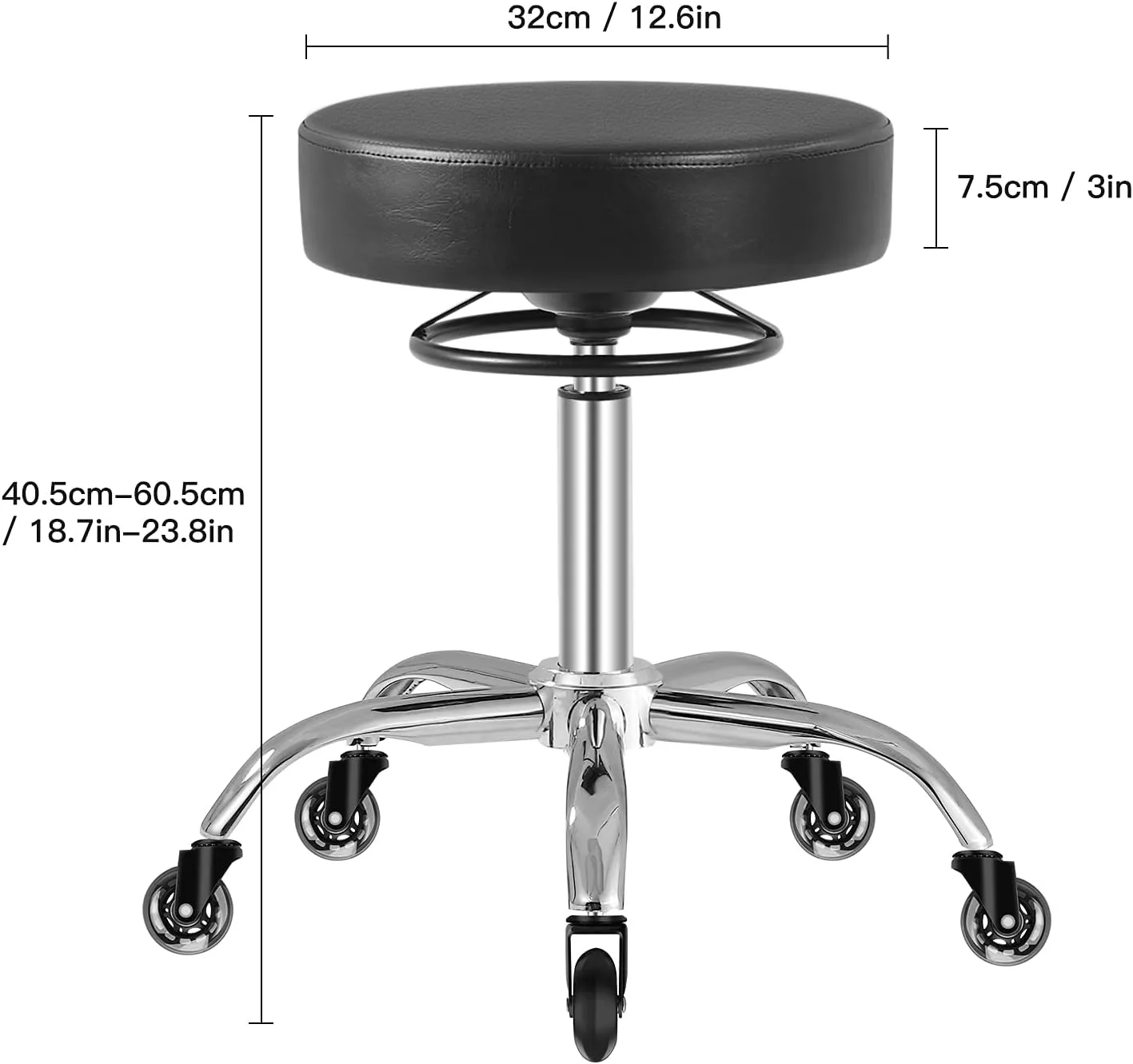 Rolling Stool with Wheels 400lbs Weight Capacity,Heavy Duty Lash Chair Adjustable for Tatoo Lab Massage Salon Spa Drafting Nail Teach,360 Swivel,Leather,Thick Seat Padding (Black)