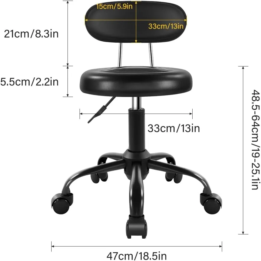 Rolling Stool with Wheels Swivel Stool with Back Height Adjustable Chair PU Leather Rolling stools Ideal for SPA Salon Home Office Drafting Work (Black)