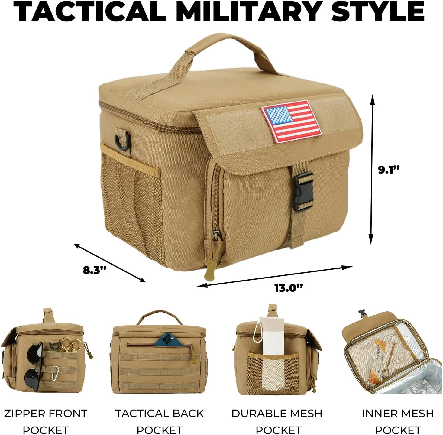 Ronyes Tactical Lunch Box for Men,Large Insulated Lunch Bag with Shoulder Strap,Heavy Duty Lunchbox Cooler MOLLE Webbing, Leakproof Pail for Work Camping Fishing-Brown