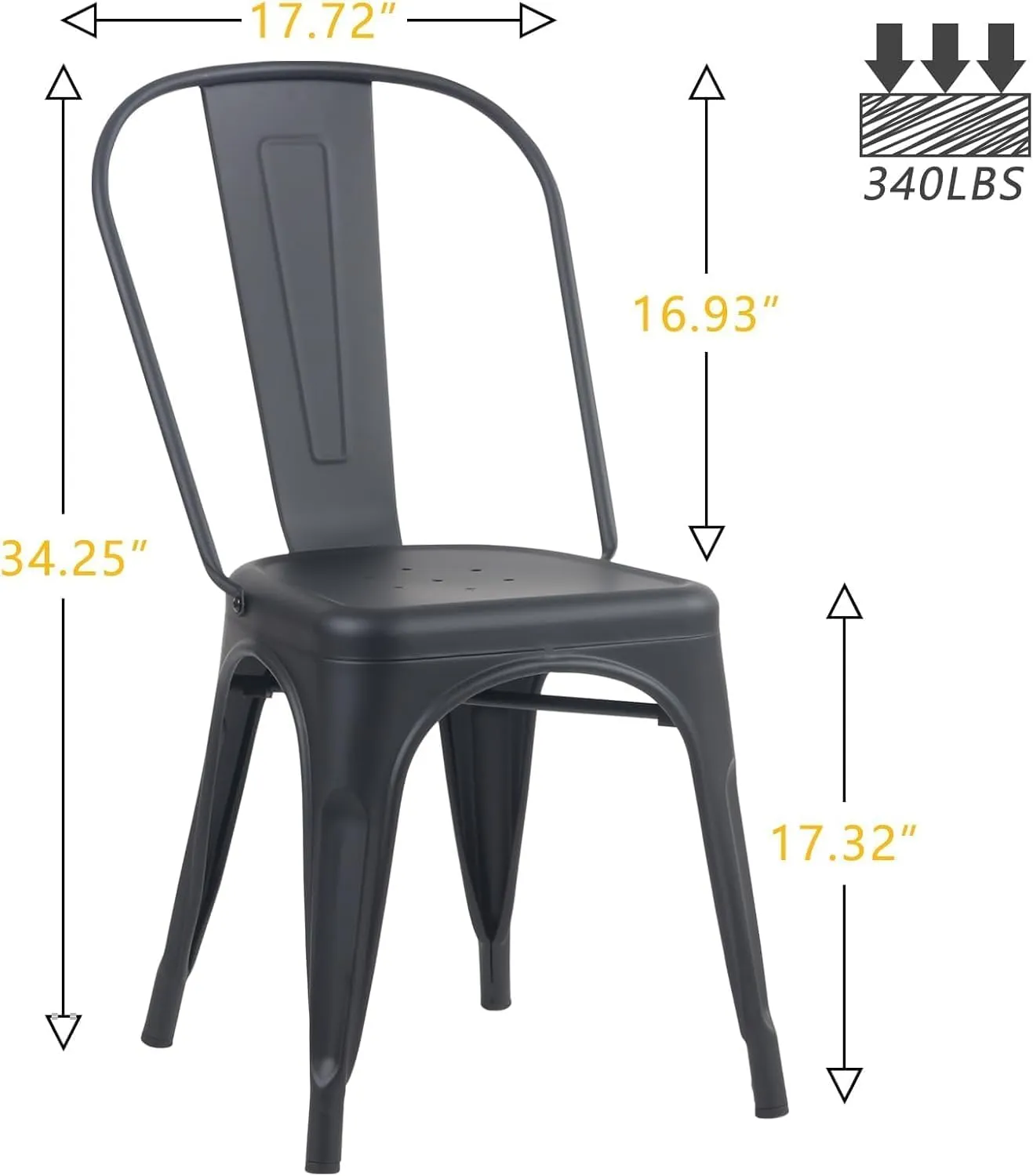 Rowill Metal Dining Chairs Set of 4 Patio Dining Room Kitchen Chair Tolix Restaurant Bar Bistro Stackable Chair Waterproof Indoor/Outdoor Chairs, Matte Black
