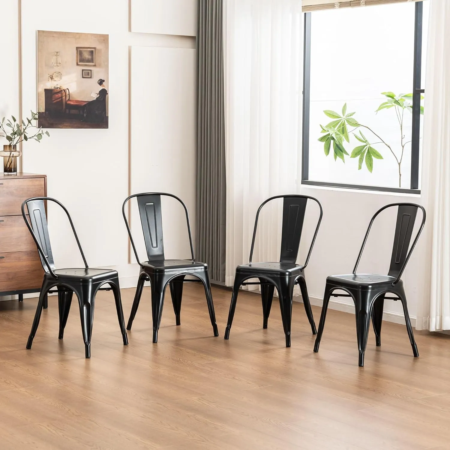 Rowill Metal Dining Chairs Set of 4 Patio Dining Room Kitchen Chair Tolix Restaurant Bar Bistro Stackable Chair Waterproof Indoor/Outdoor Chairs, Matte Black