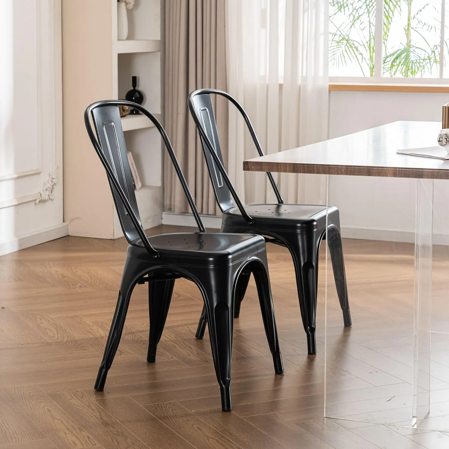 Rowill Metal Dining Chairs Set of 4 Patio Dining Room Kitchen Chair Tolix Restaurant Bar Bistro Stackable Chair Waterproof Indoor/Outdoor Chairs, Matte Black