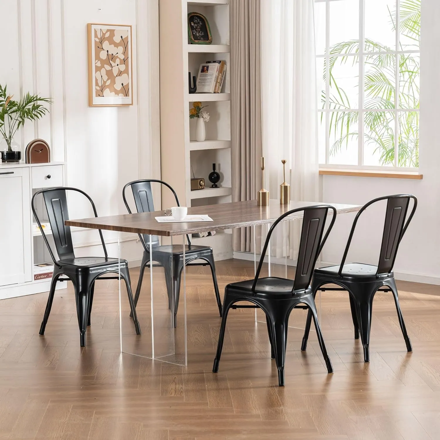Rowill Metal Dining Chairs Set of 4 Patio Dining Room Kitchen Chair Tolix Restaurant Bar Bistro Stackable Chair Waterproof Indoor/Outdoor Chairs, Matte Black
