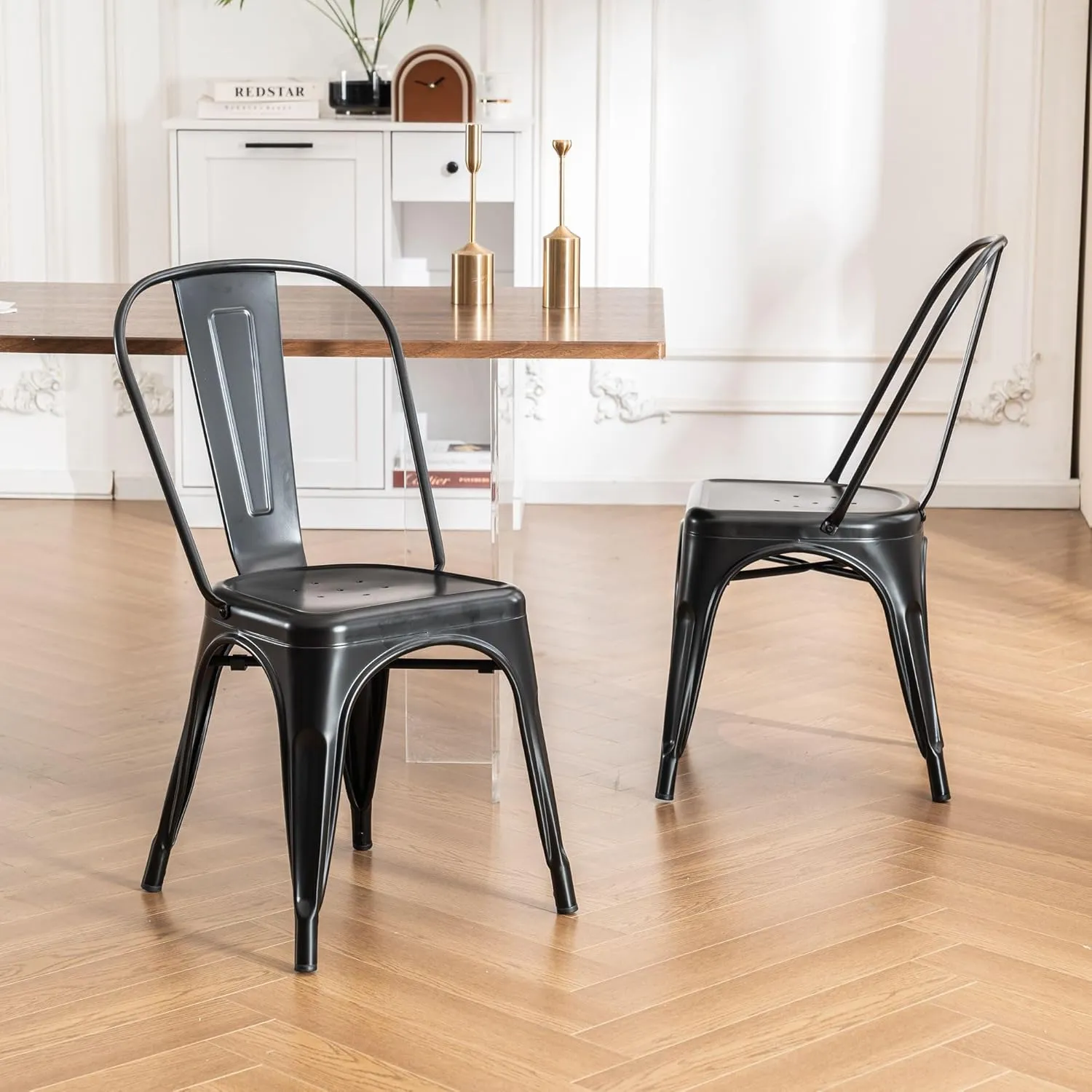 Rowill Metal Dining Chairs Set of 4 Patio Dining Room Kitchen Chair Tolix Restaurant Bar Bistro Stackable Chair Waterproof Indoor/Outdoor Chairs, Matte Black