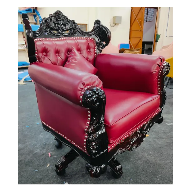 Royal Twist Design Hand Carved Teak Wood Adjustable Height 360D Swivel Button Tufted Office Armrest Chair