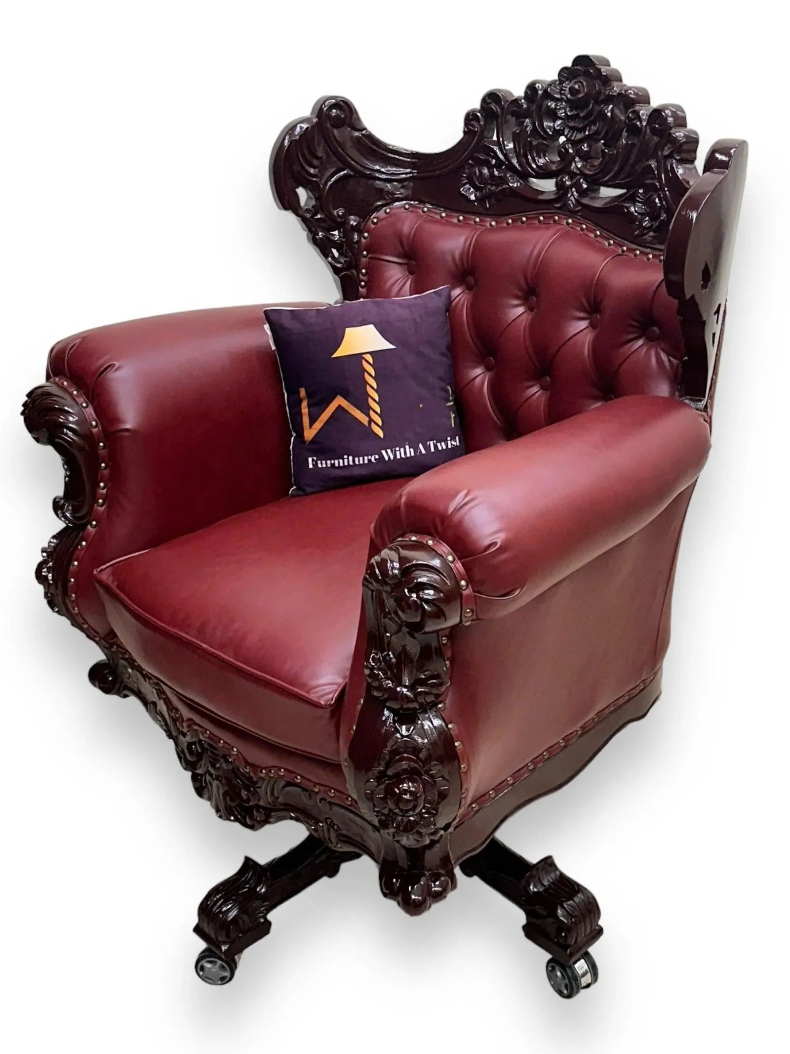 Royal Twist Design Hand Carved Teak Wood Adjustable Height 360D Swivel Button Tufted Office Armrest Chair