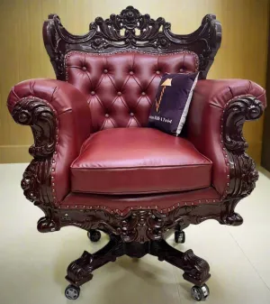 Royal Twist Design Hand Carved Teak Wood Adjustable Height 360D Swivel Button Tufted Office Armrest Chair