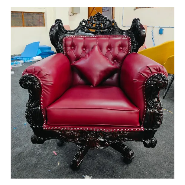 Royal Twist Design Hand Carved Teak Wood Adjustable Height 360D Swivel Button Tufted Office Armrest Chair