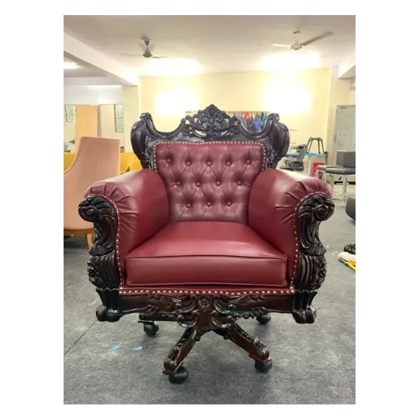 Royal Twist Design Hand Carved Teak Wood Adjustable Height 360D Swivel Button Tufted Office Armrest Chair