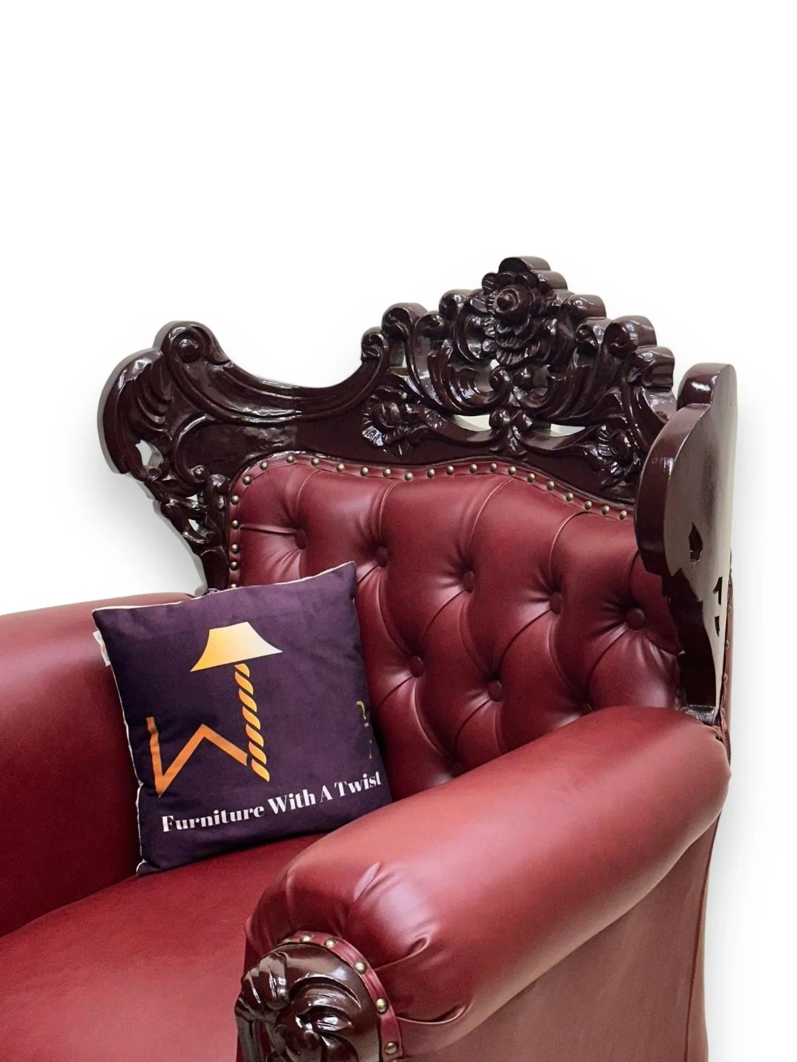 Royal Twist Design Hand Carved Teak Wood Adjustable Height 360D Swivel Button Tufted Office Armrest Chair