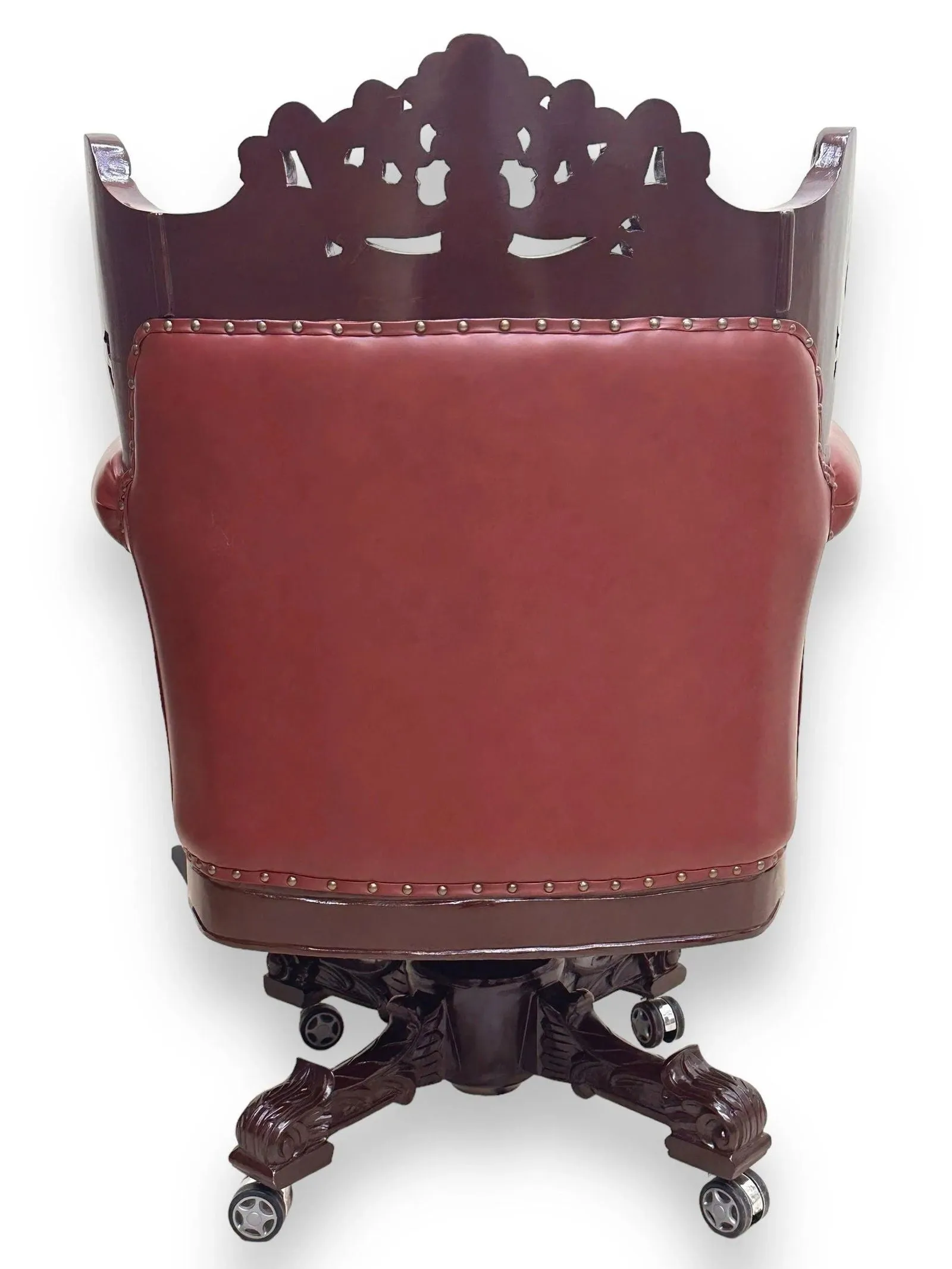Royal Twist Design Hand Carved Teak Wood Adjustable Height 360D Swivel Button Tufted Office Armrest Chair