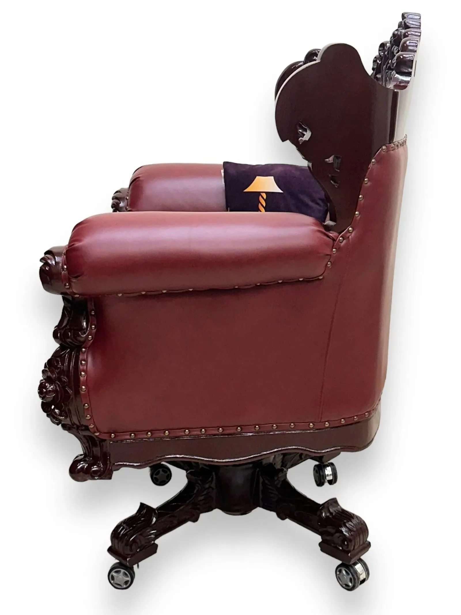 Royal Twist Design Hand Carved Teak Wood Adjustable Height 360D Swivel Button Tufted Office Armrest Chair
