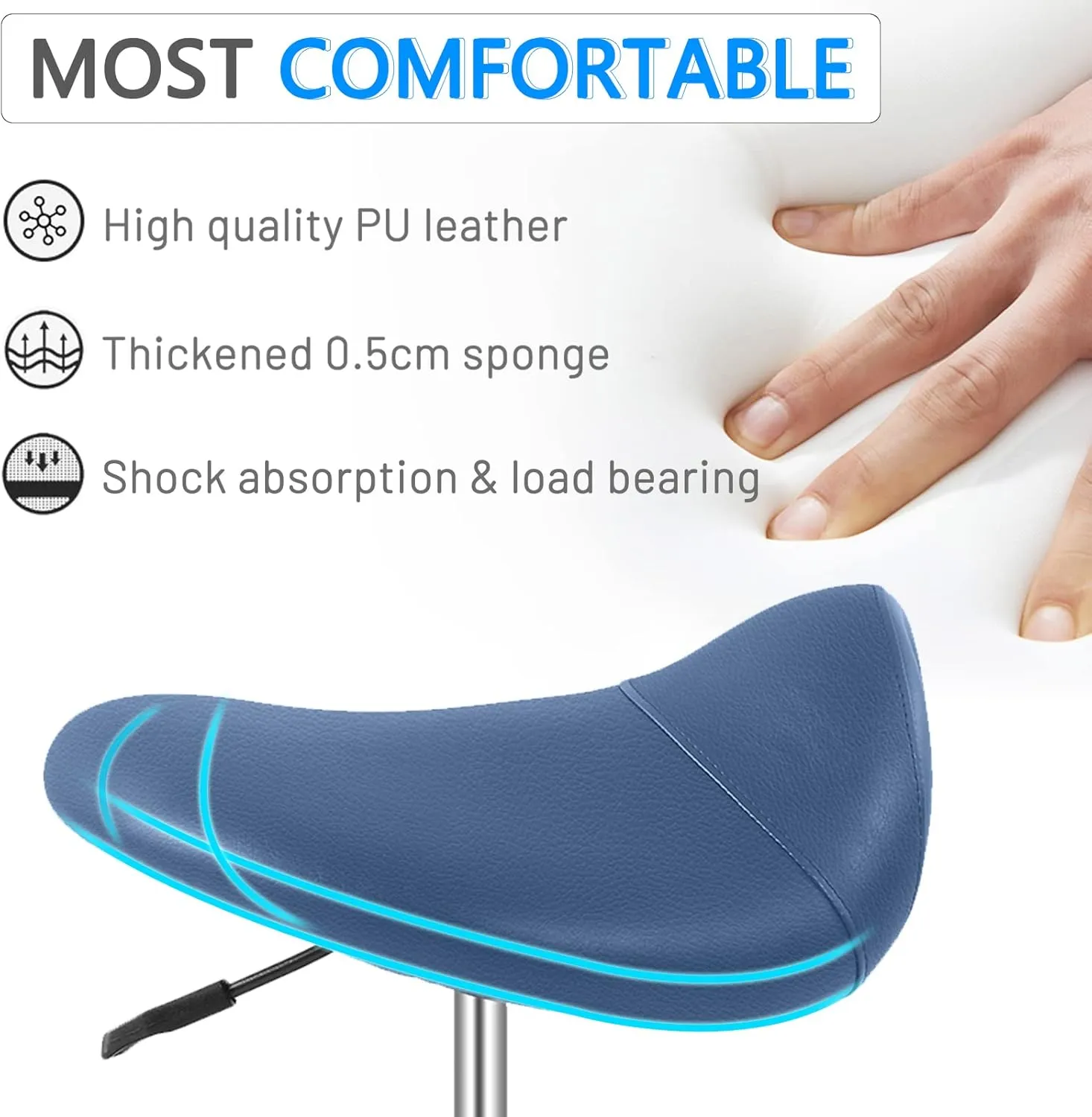 Saddle Stool with Wheels 300 lbs Weight Capacity, Heavy Duty Rolling Stool for Medical Massage Salon Kitchen Spa Drafting Nail-Tech,Height Adjustable,360 Swivel,Wide Thick Seat Padding (Premium Blue)