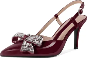 SAMMITOP Slingback Rhinestone Bow Heels for Women Closed Pointed Toe High Heel Ankle Strap Pumps Slip On Stilettos Wedding Bride Dress Shoes 3.5 Inch
