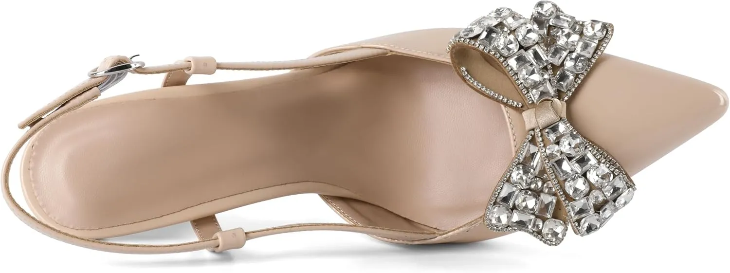 SAMMITOP Slingback Rhinestone Bow Heels for Women Closed Pointed Toe High Heel Ankle Strap Pumps Slip On Stilettos Wedding Bride Dress Shoes 3.5 Inch