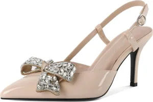 SAMMITOP Slingback Rhinestone Bow Heels for Women Closed Pointed Toe High Heel Ankle Strap Pumps Slip On Stilettos Wedding Bride Dress Shoes 3.5 Inch