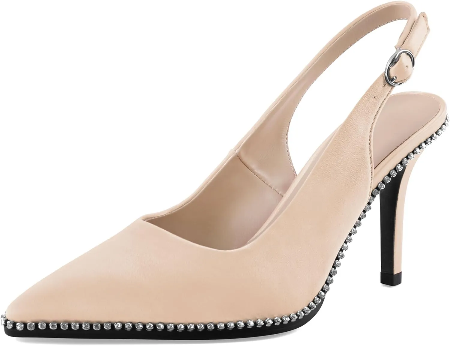 SAMMITOP Women's Slingback Heels Pointed Toe Stiletto High Heel Rhinestone Beaded Pumps 3.5 Inch Satin Wedding Party Dress Shoes