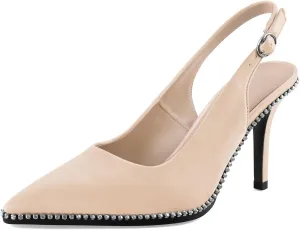 SAMMITOP Women's Slingback Heels Pointed Toe Stiletto High Heel Rhinestone Beaded Pumps 3.5 Inch Satin Wedding Party Dress Shoes