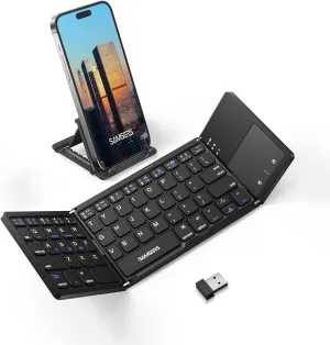Samsers Multi-Device Foldable Bluetooth Keyboard with Touchpad, Rechargeable Dual-Mode(2.4G BTx2) Wireless Keyboard with Holder, Portable Folding Keyboards for Android Windows iOS Mac OS - Black