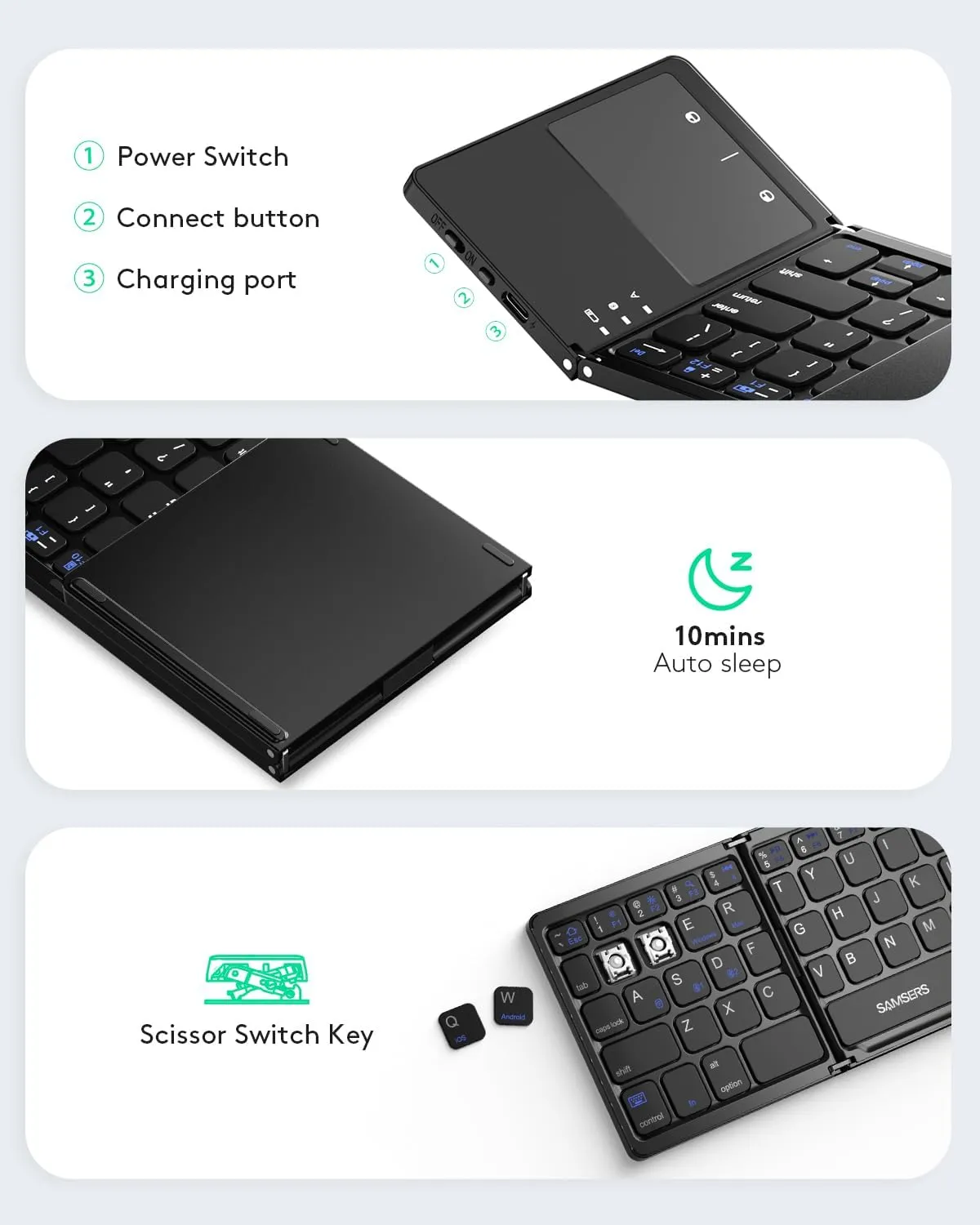 Samsers Multi-Device Foldable Bluetooth Keyboard with Touchpad, Rechargeable Dual-Mode(2.4G BTx2) Wireless Keyboard with Holder, Portable Folding Keyboards for Android Windows iOS Mac OS - Black
