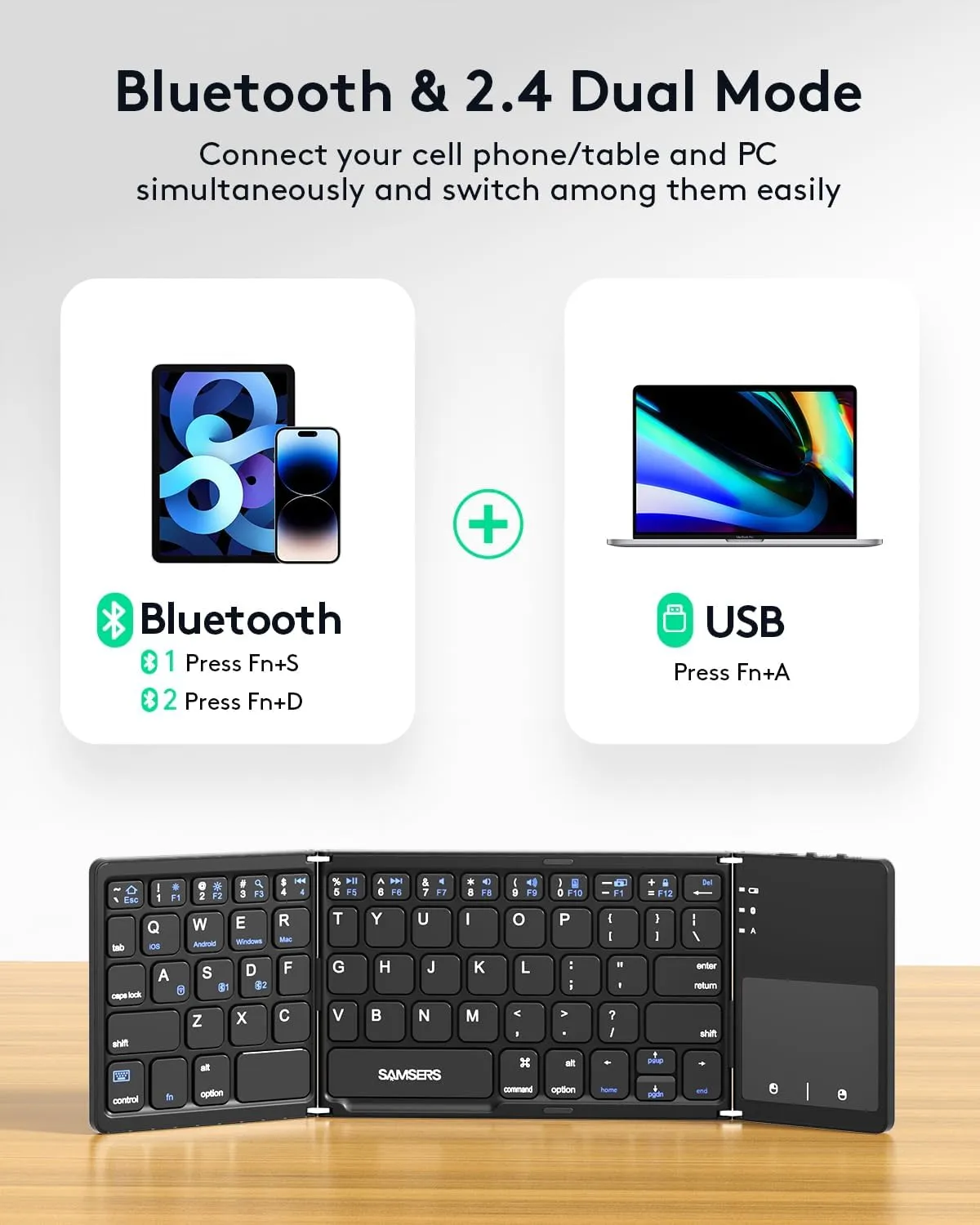 Samsers Multi-Device Foldable Bluetooth Keyboard with Touchpad, Rechargeable Dual-Mode(2.4G BTx2) Wireless Keyboard with Holder, Portable Folding Keyboards for Android Windows iOS Mac OS - Black