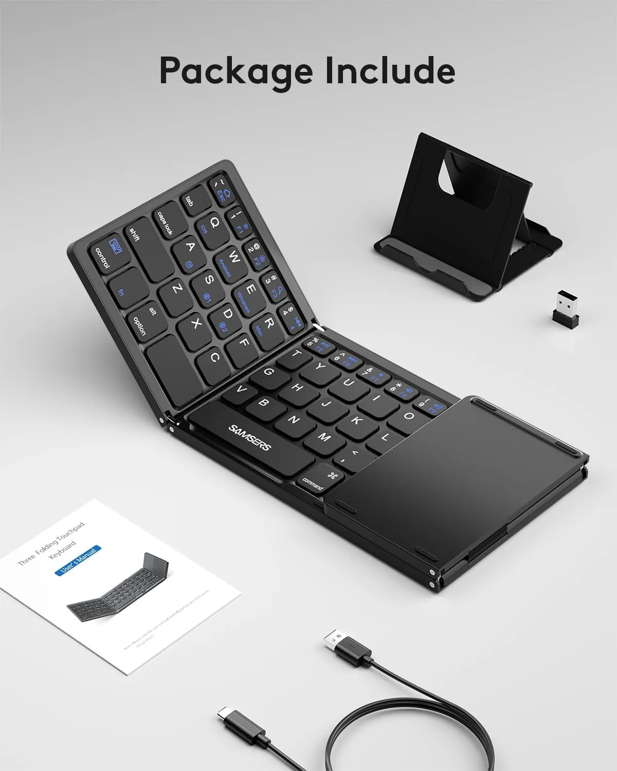 Samsers Multi-Device Foldable Bluetooth Keyboard with Touchpad, Rechargeable Dual-Mode(2.4G BTx2) Wireless Keyboard with Holder, Portable Folding Keyboards for Android Windows iOS Mac OS - Black