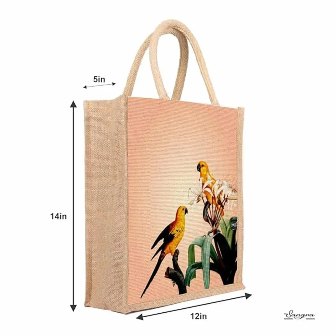 Sangra Multicolor Jute Lunch Bag with Zip and Handle (birds) pack of 2