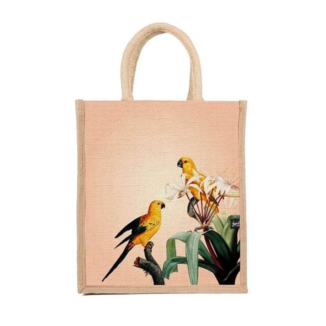 Sangra Multicolor Jute Lunch Bag with Zip and Handle (birds) pack of 2
