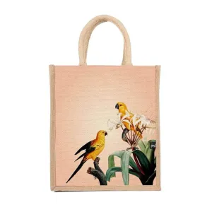 Sangra Multicolor Jute Lunch Bag with Zip and Handle (birds) pack of 2