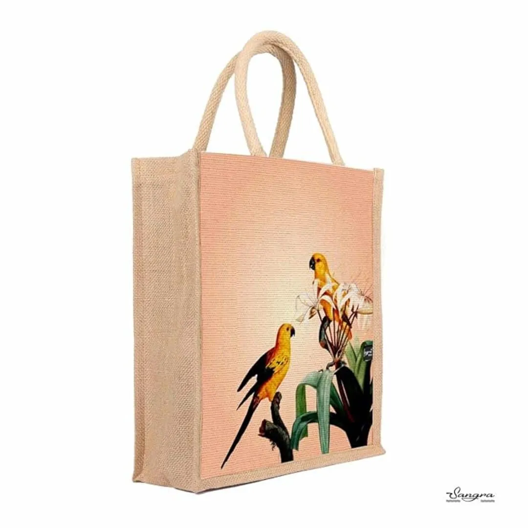 Sangra Multicolor Jute Lunch Bag with Zip and Handle (birds) pack of 2