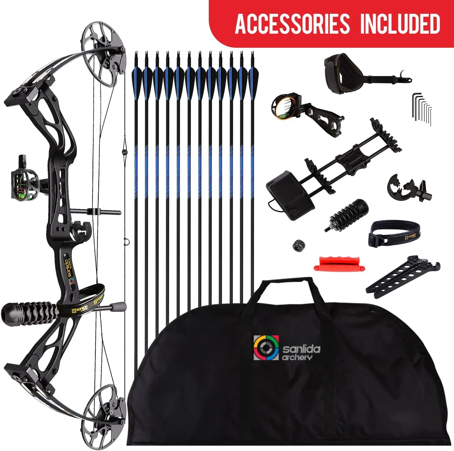 Sanlida Archery Dragon X8 RTH Compound Bow Package for Adults and Teens,18”-31” Draw Length,0-70 Lbs Draw Weight,up to IBO 310 fps,No Bow Press Needed,Limbs Made in USA,Limited Life-time Warranty