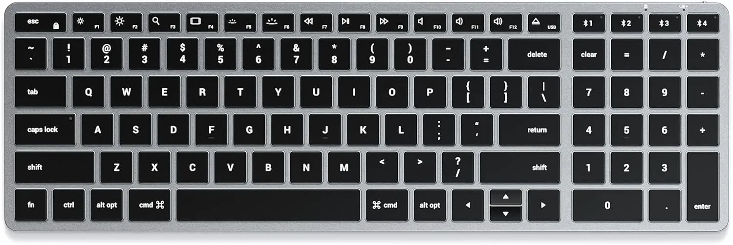 Satechi Slim X2 Bluetooth Backlit Keyboard With Numeric Keypad Illuminated Keys & Multi-Device Sync for M2/M1 MacBook Pro/Air, iPad Pro/Air, Mac Mini, iMac (Space Gray)