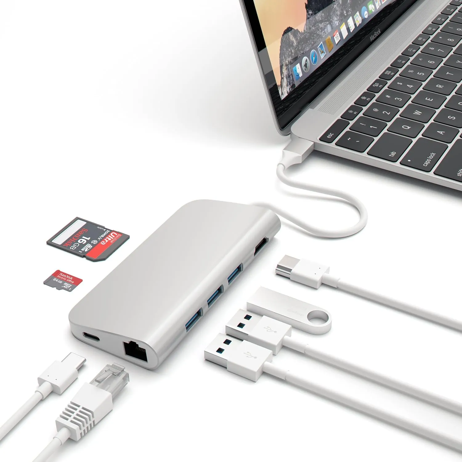 Satechi USB C Hub Multiport Adapter, USB C Docking Station with 4K HDMI, 60W USBC PD Charging, 3 USB-A, Ethernet, Micro/SD Card Readers, for MacBook Pro/Air M1 M2 M3, Windows - Silver