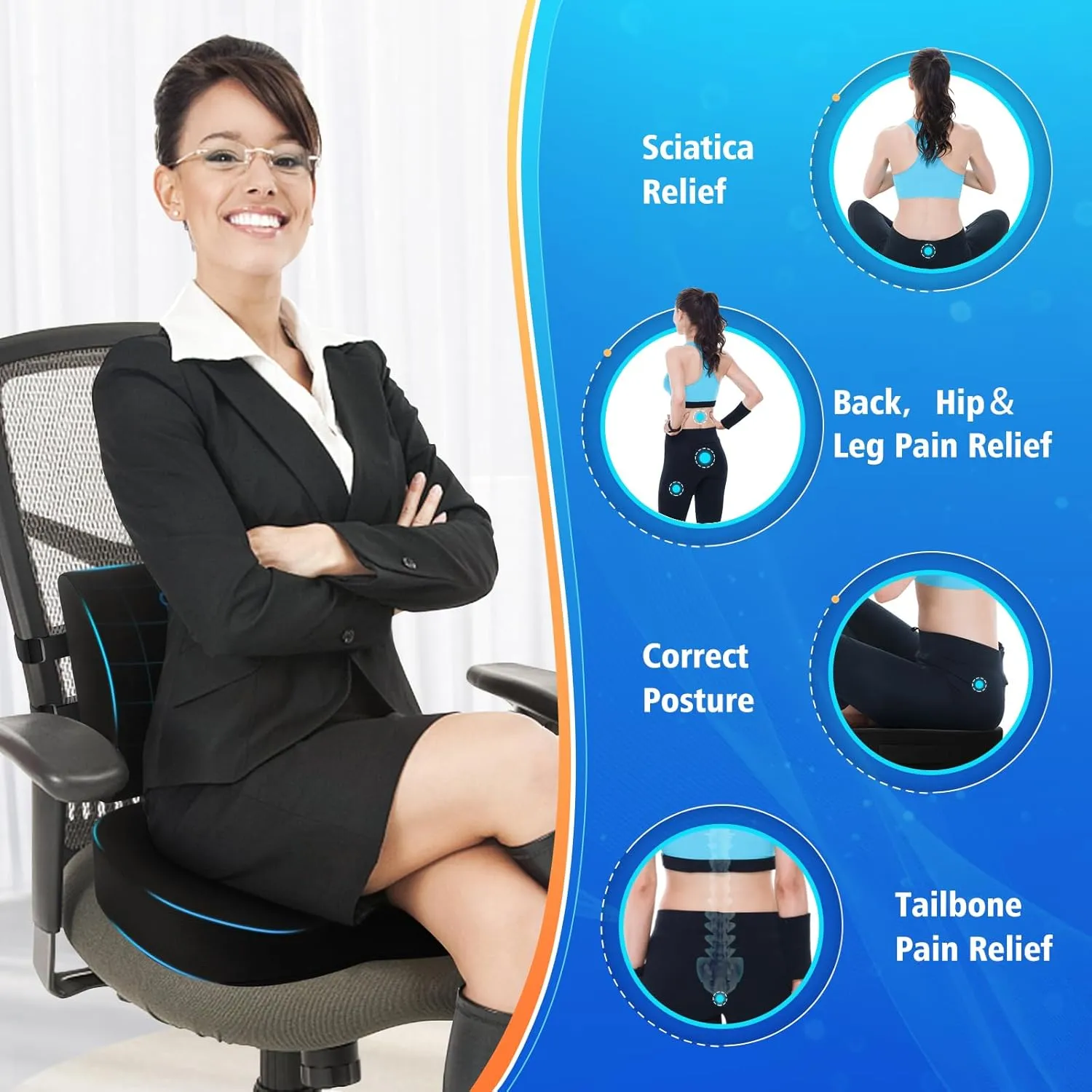 Seat Cushion, Lumbar Support Pillow with Adjustable Strap-Chair Cushions for Sciatica Pain Relief-with Washable Cover for Car, Travel and Wheelchair, Black, X-Large