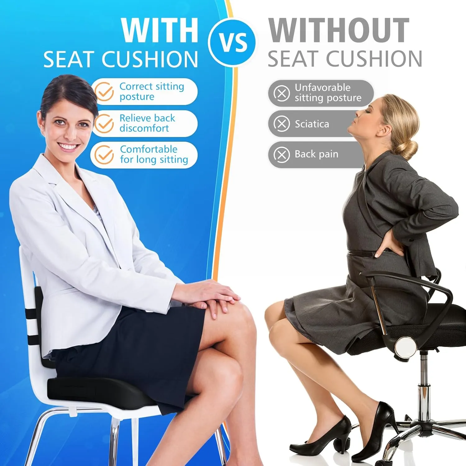 Seat Cushion, Lumbar Support Pillow with Adjustable Strap-Chair Cushions for Sciatica Pain Relief-with Washable Cover for Car, Travel and Wheelchair, Black, X-Large