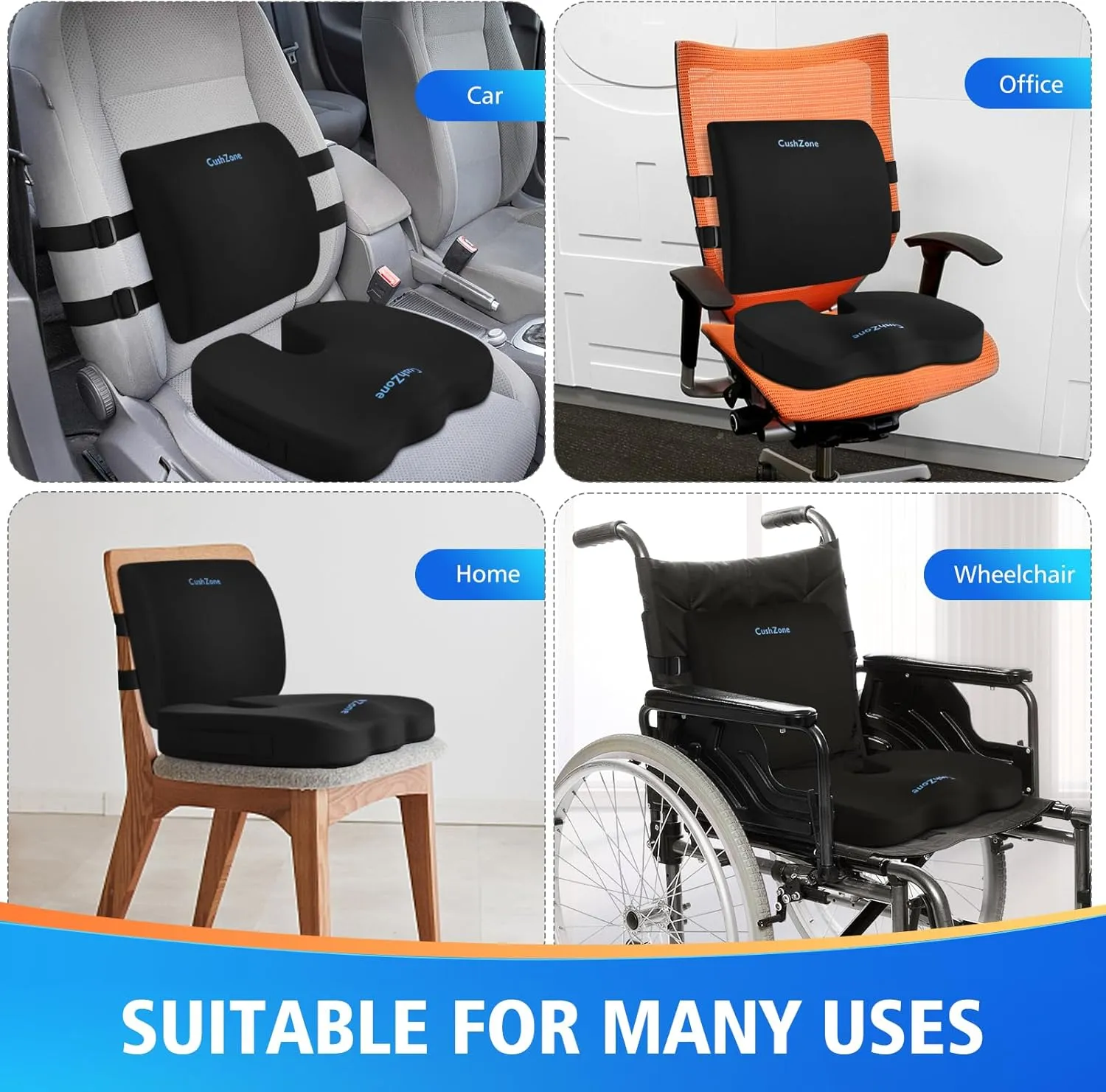 Seat Cushion, Lumbar Support Pillow with Adjustable Strap-Chair Cushions for Sciatica Pain Relief-with Washable Cover for Car, Travel and Wheelchair, Black, X-Large