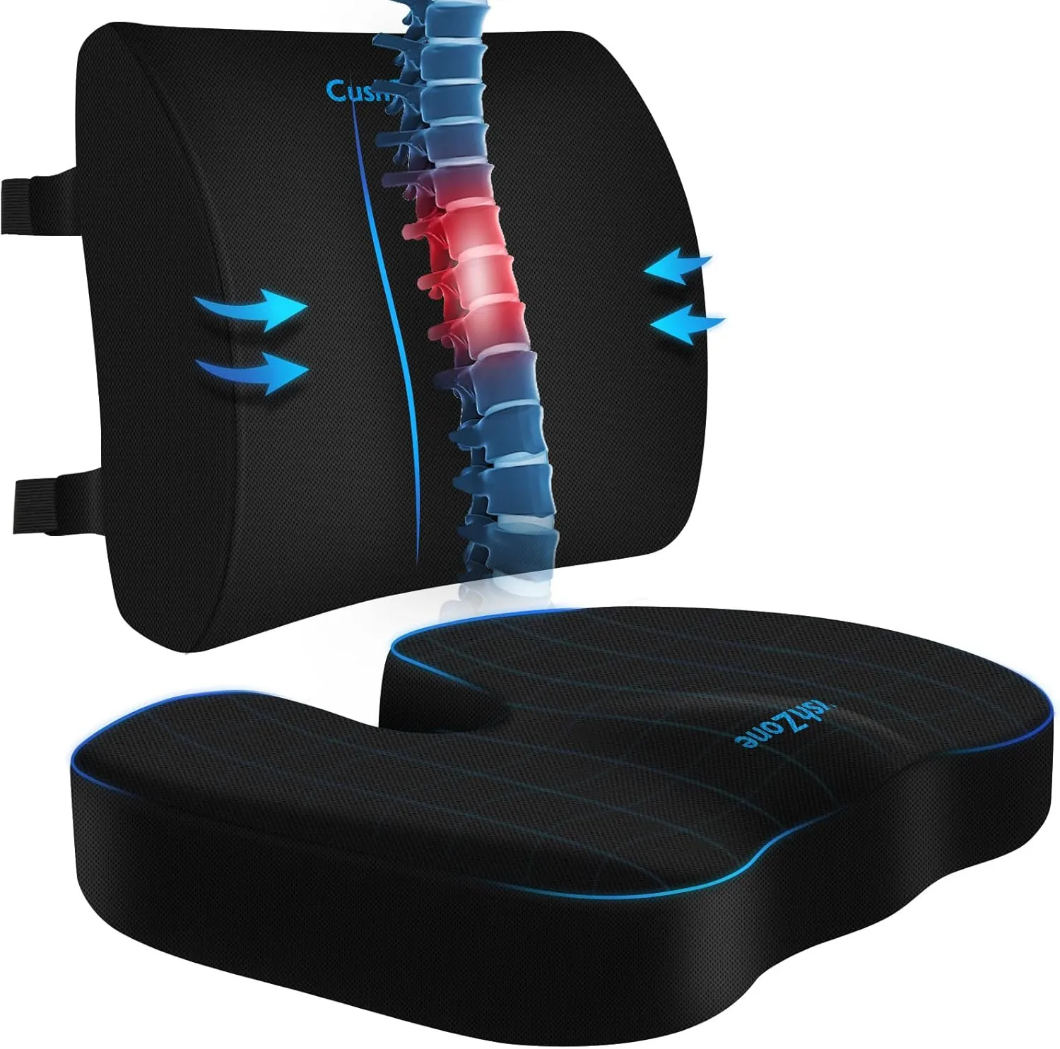 Seat Cushion, Lumbar Support Pillow with Adjustable Strap-Chair Cushions for Sciatica Pain Relief-with Washable Cover Memory Foam for Car, Travel and Wheelchair-Black