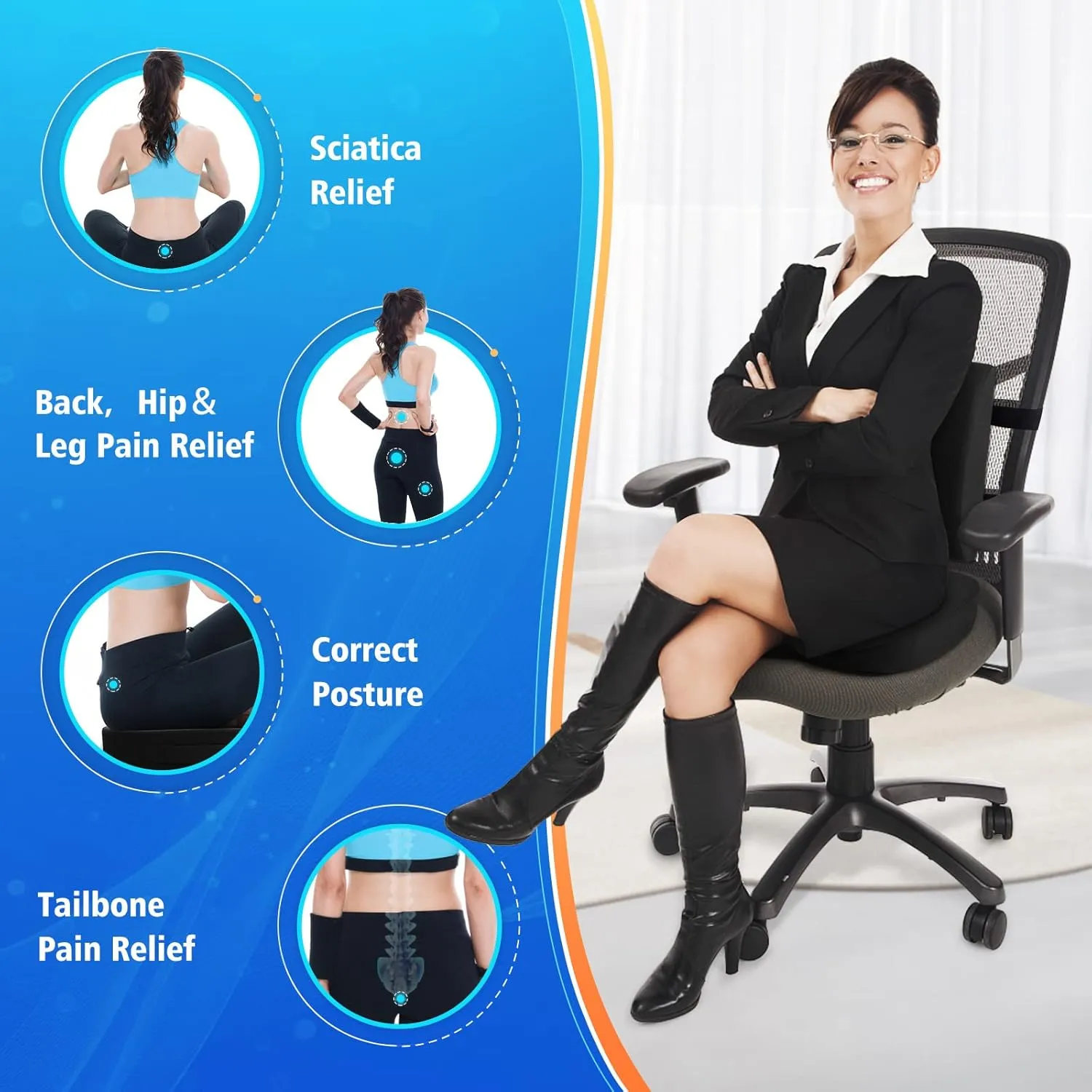 Seat Cushion, Lumbar Support Pillow with Adjustable Strap-Chair Cushions for Sciatica Pain Relief-with Washable Cover Memory Foam for Car, Travel and Wheelchair-Black