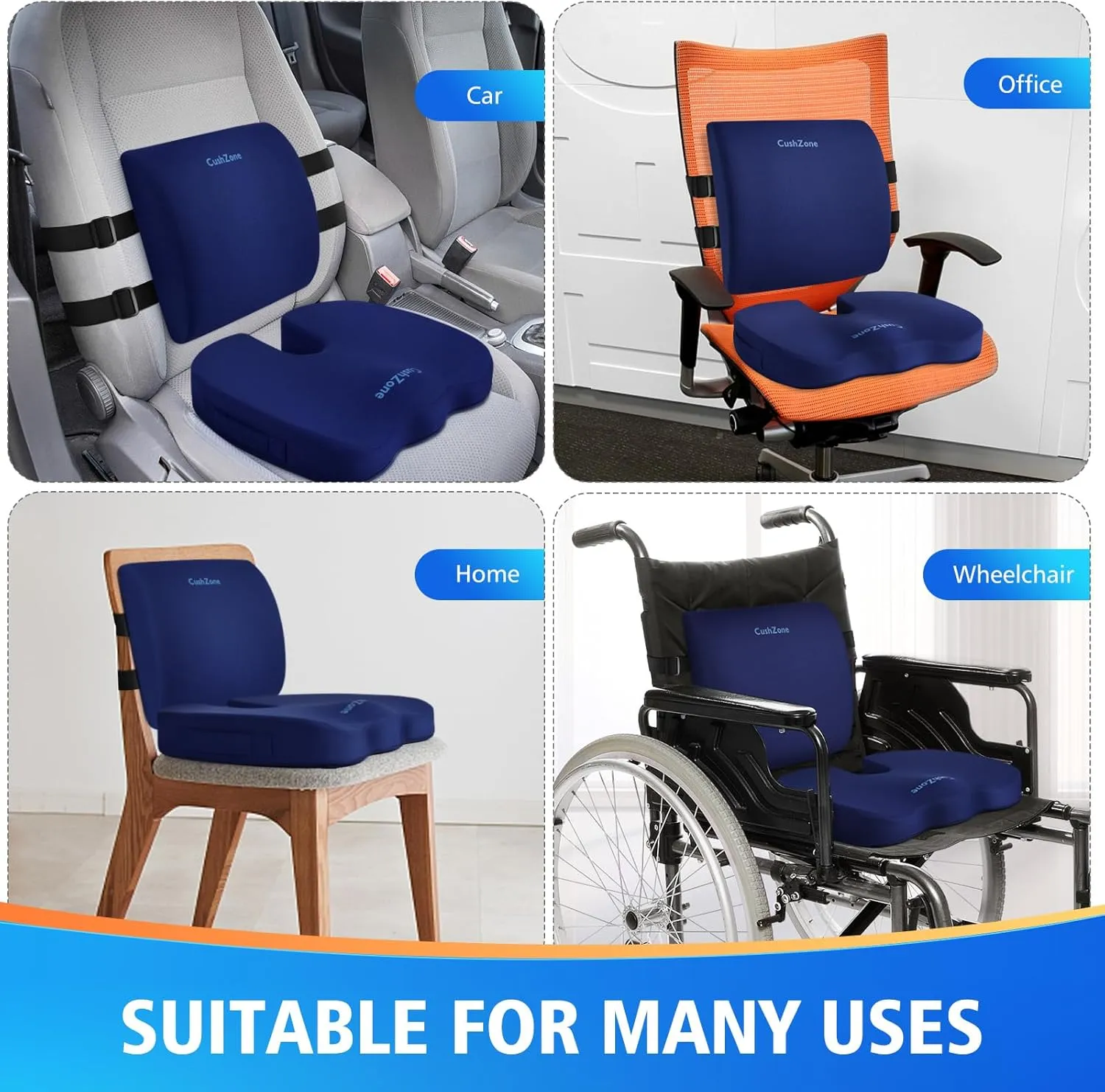 Seat Cushion, Lumbar Support Pillow with Adjustable Strap-Chair Cushions for Sciatica Pain Relief-with Washable Cover Memory Foam for Car, Travel and Wheelchair-Blue X-Large