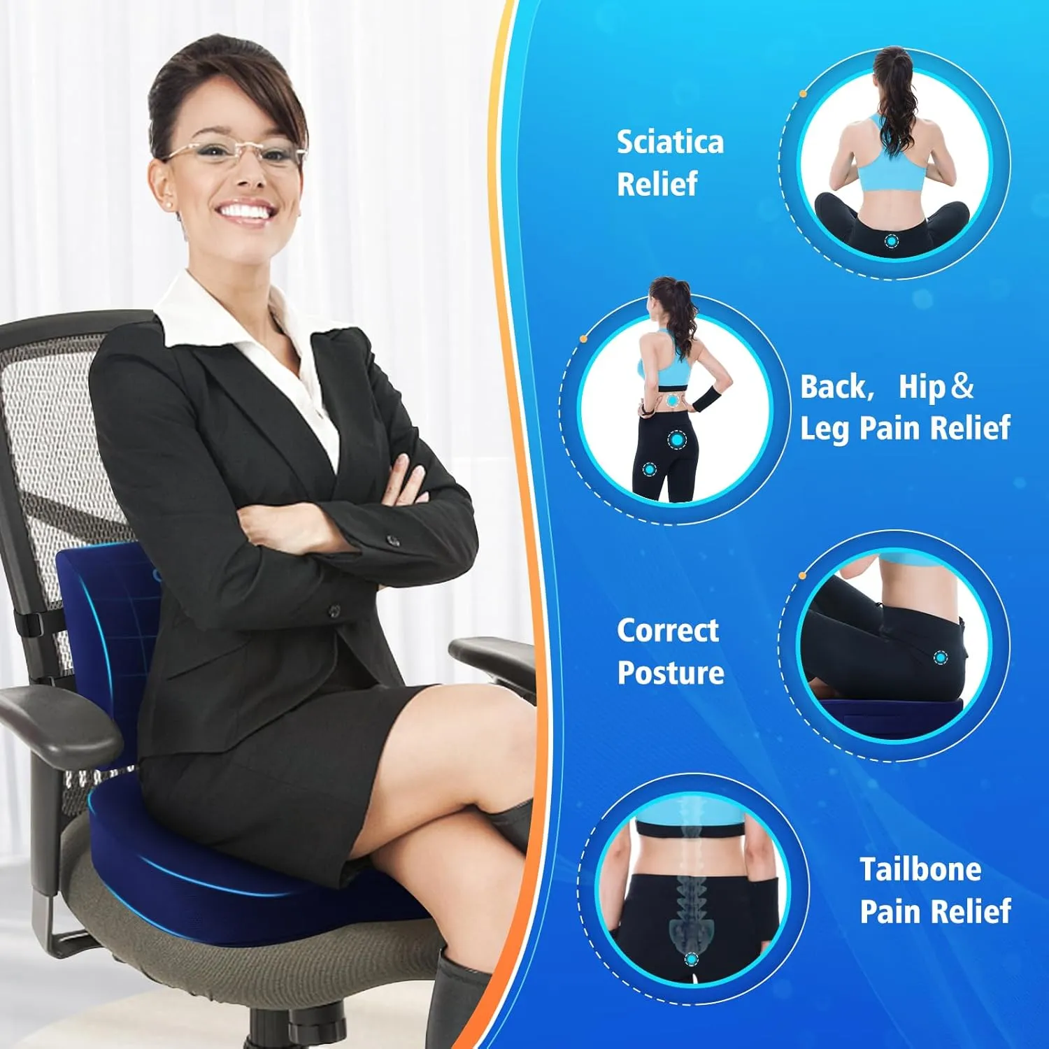 Seat Cushion, Lumbar Support Pillow with Adjustable Strap-Chair Cushions for Sciatica Pain Relief-with Washable Cover Memory Foam for Car, Travel and Wheelchair-Blue X-Large