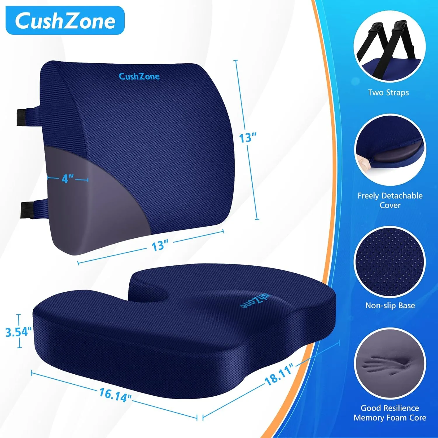Seat Cushion, Lumbar Support Pillow with Adjustable Strap-Chair Cushions for Sciatica Pain Relief-with Washable Cover Memory Foam for Car, Travel and Wheelchair-Blue X-Large