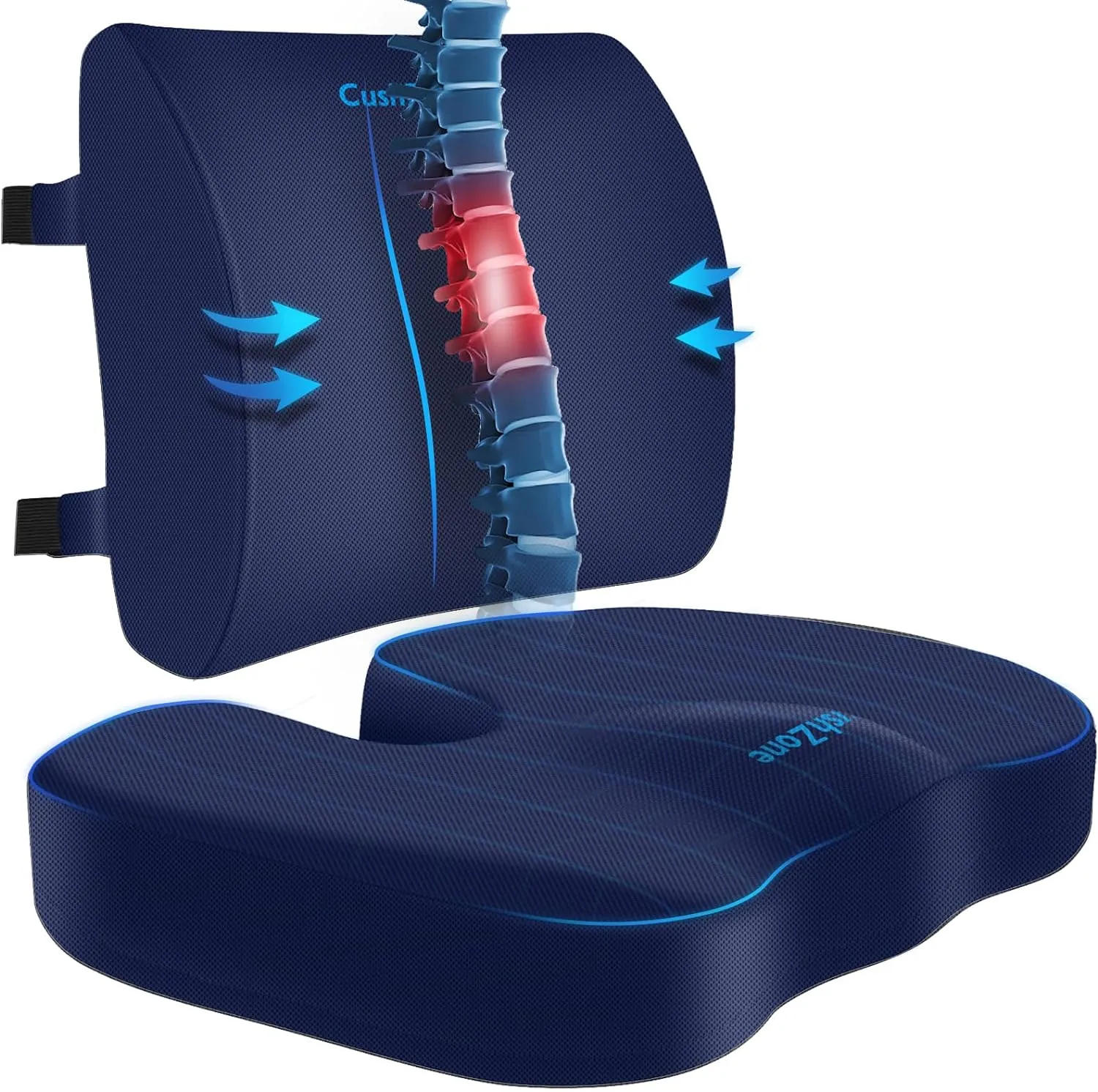 Seat Cushion, Lumbar Support Pillow with Adjustable Strap-Chair Cushions for Sciatica Pain Relief-with Washable Cover Memory Foam for Car, Travel and Wheelchair-Blue X-Large
