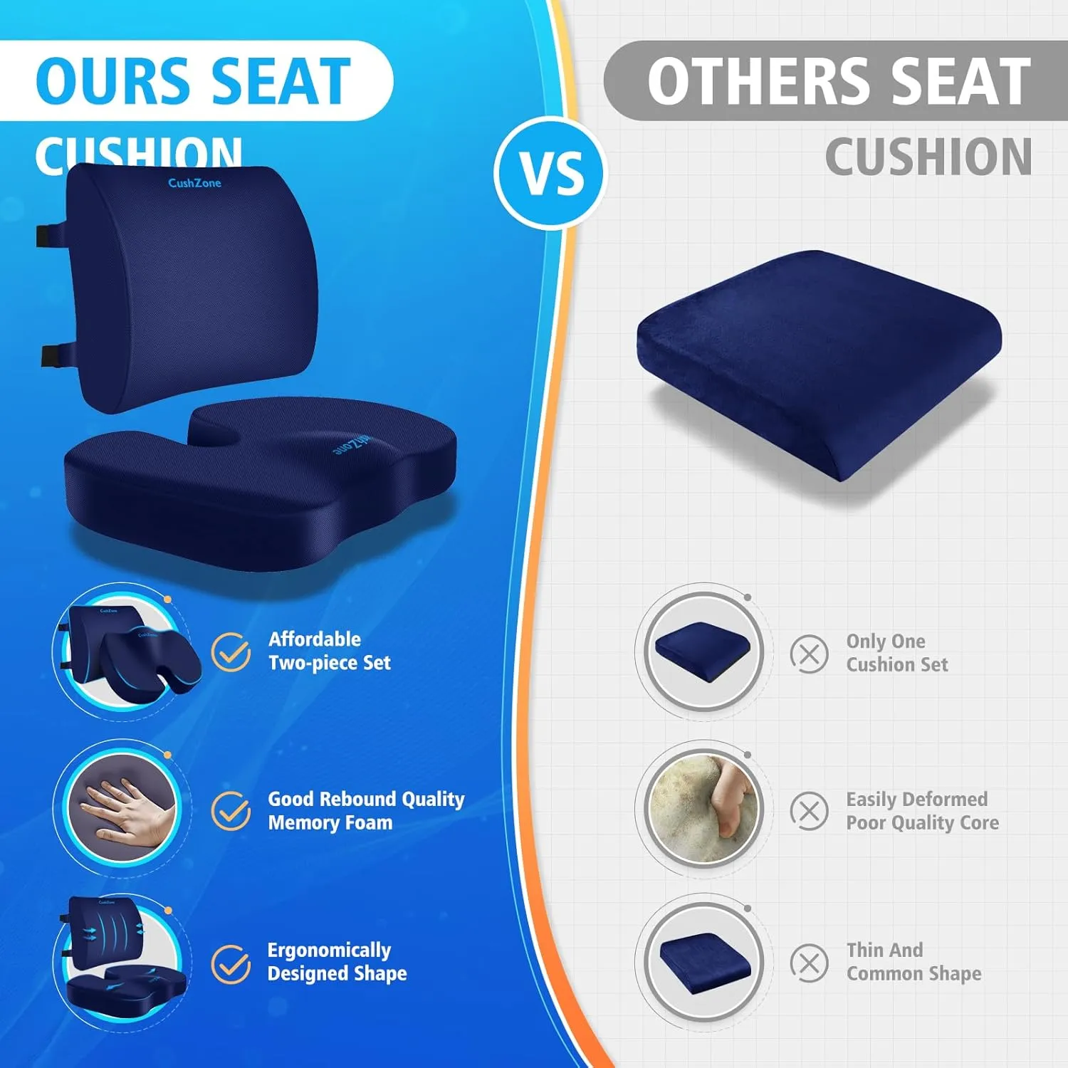 Seat Cushion, Lumbar Support Pillow with Adjustable Strap-Chair Cushions for Sciatica Pain Relief-with Washable Cover Memory Foam for Car, Travel and Wheelchair-Blue X-Large