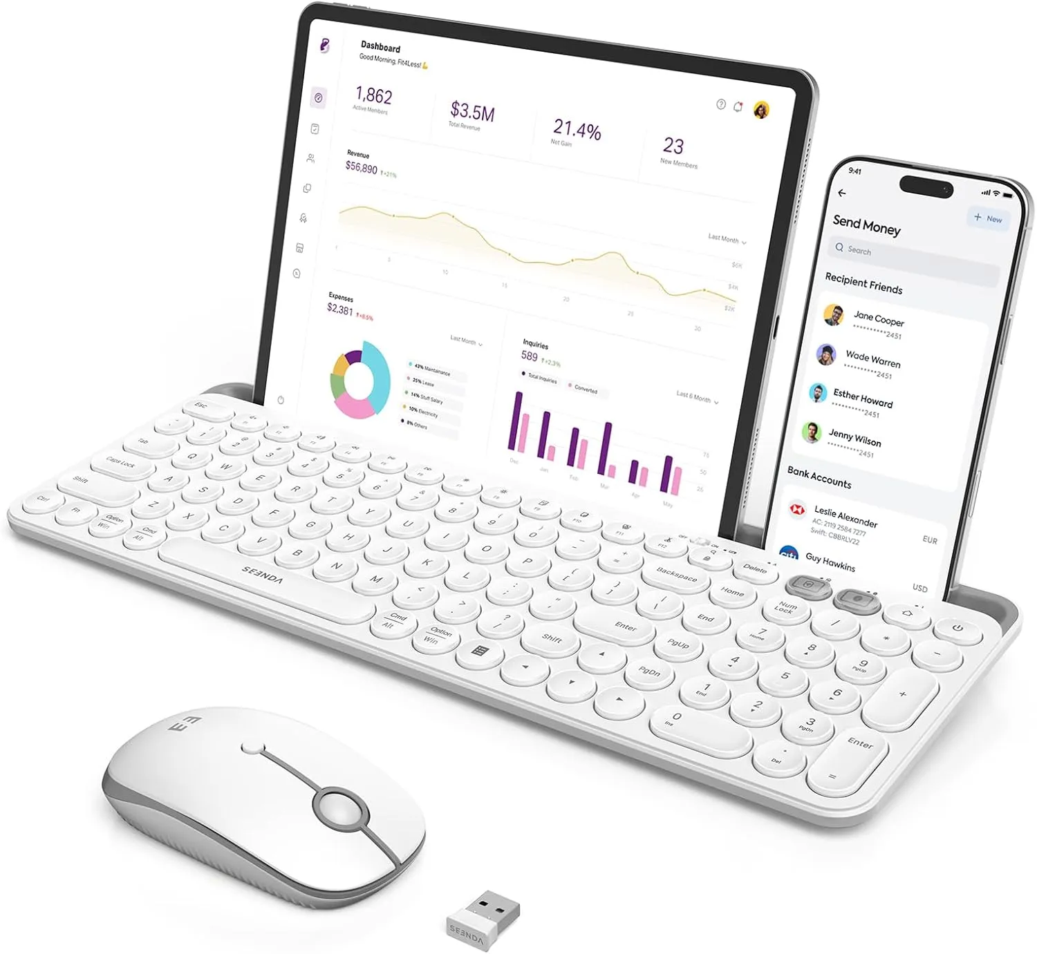 seenda Bluetooth Keyboard and Mouse for iPad, CTU-301 Multi-Device Bluetooth   2.4G Wireless Keyboard Mouse with Tablet Holder for MacBook/Windows Computer, iOS/Andriod Tablet Phone, White