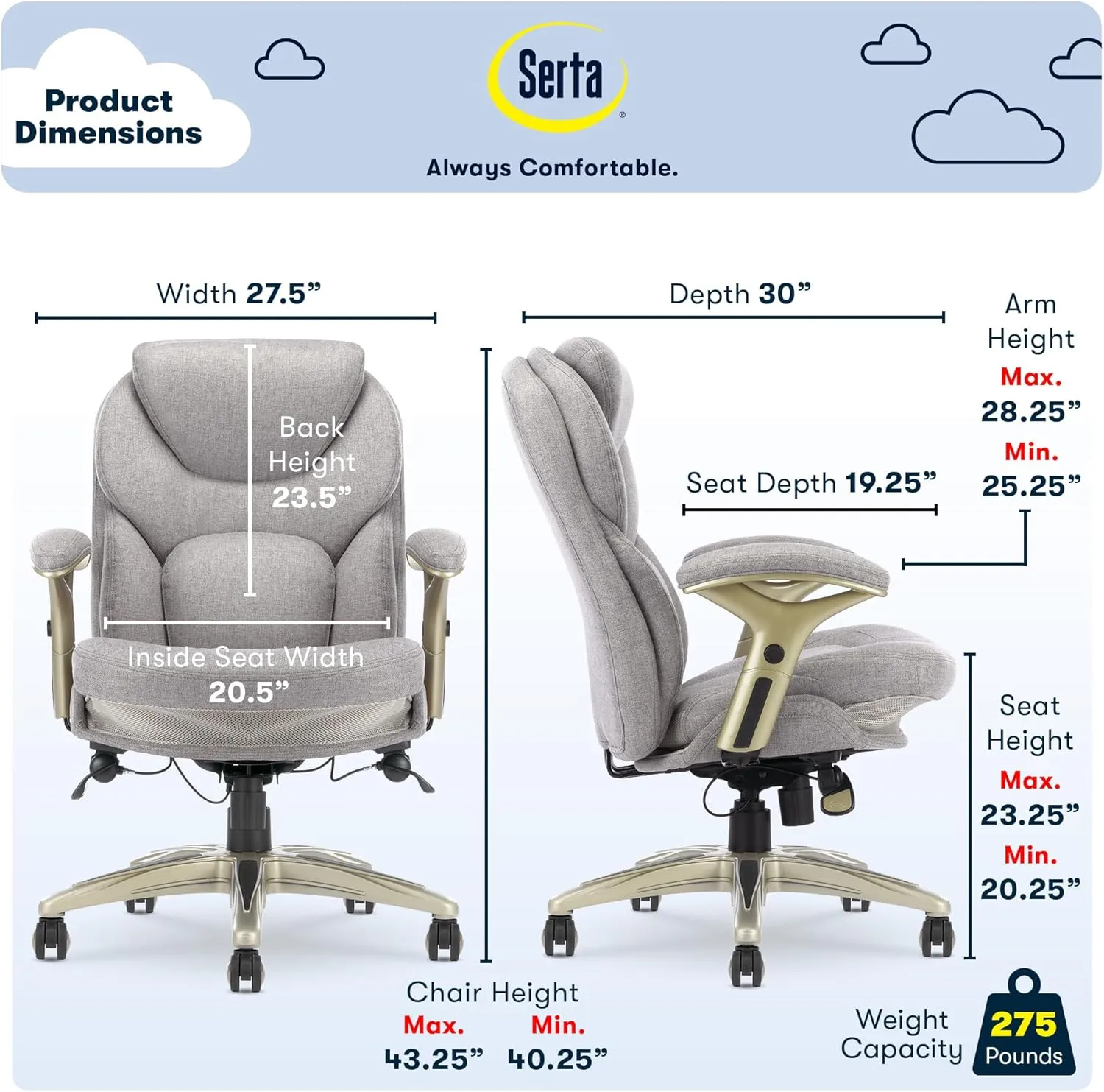 Serta Ergonomic Executive Office Chair Motion Technology Adjustable Mid Back Design with Lumbar Support, Light Gray Fabric