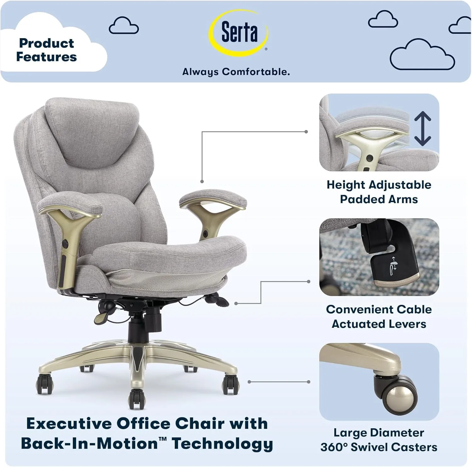 Serta Ergonomic Executive Office Chair Motion Technology Adjustable Mid Back Design with Lumbar Support, Light Gray Fabric