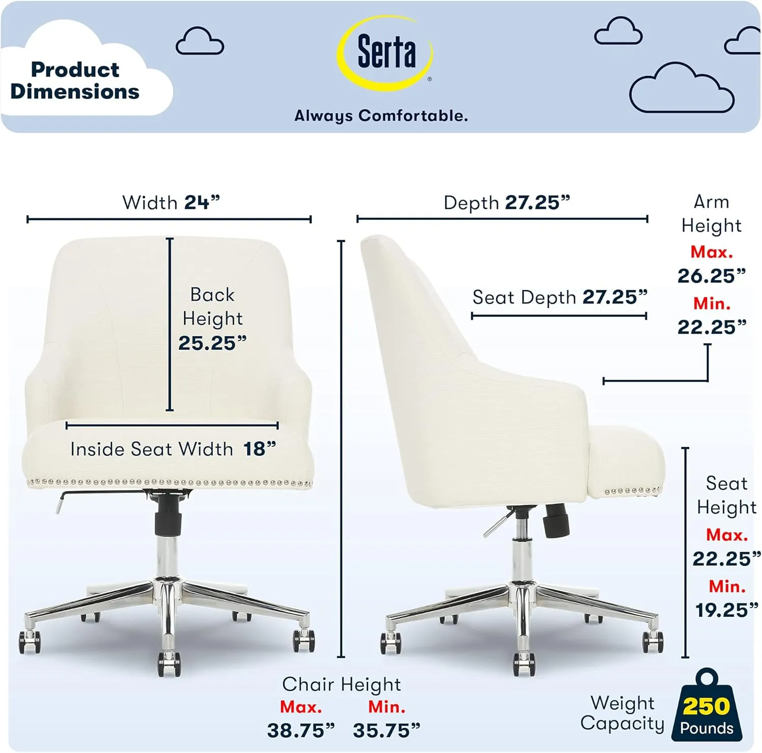 Serta Leighton Home Office Chair, Ivory 27.25D x 24W x 38.75H in