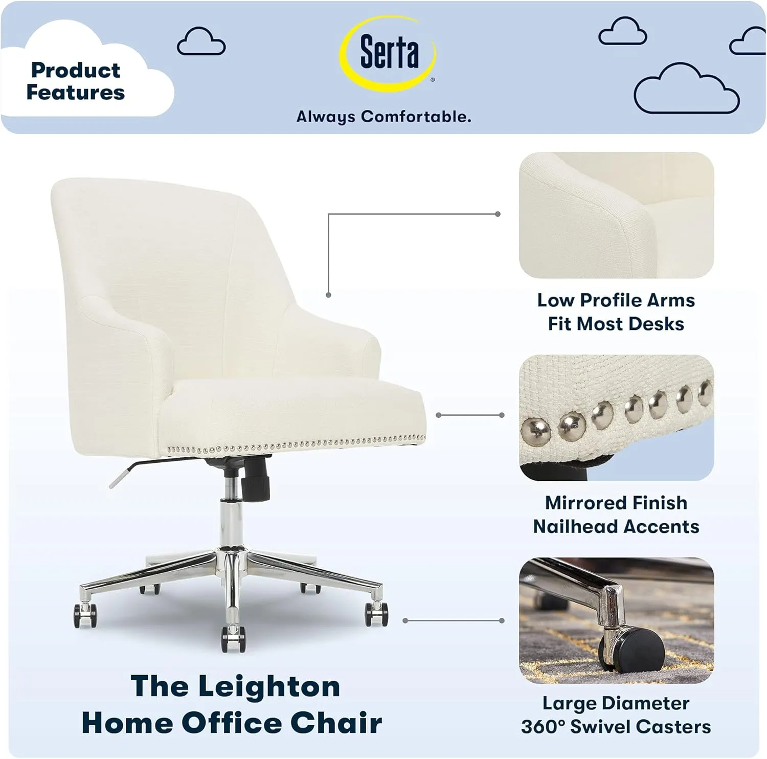 Serta Leighton Home Office Chair, Ivory 27.25D x 24W x 38.75H in